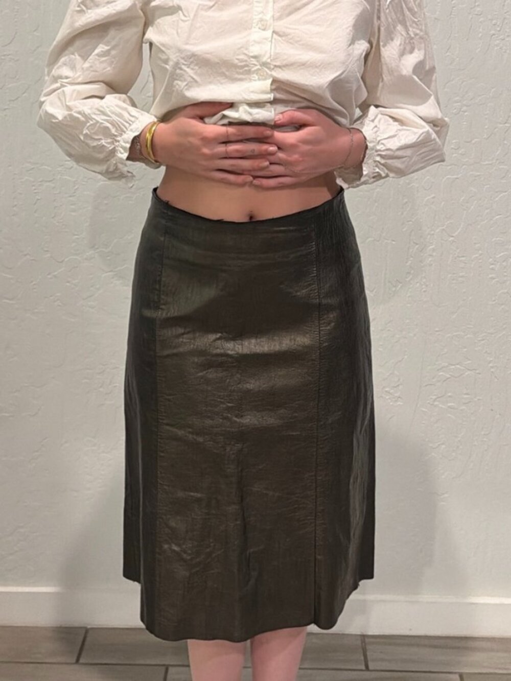 Barneys New York black metallic genuine leather midi skirt